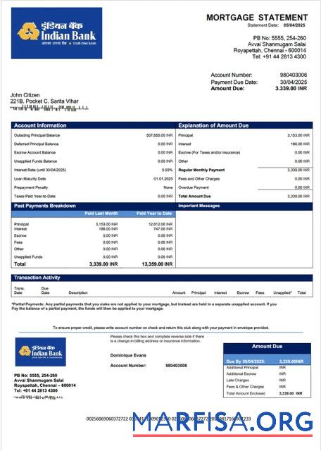 Realistic Indian Bank mortgage statement Word and PDF template